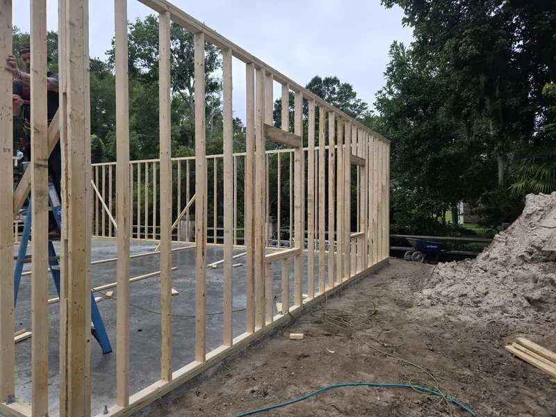 New stud walls framed on a concrete slab for a detached garage, Lake Waccamaw, NC