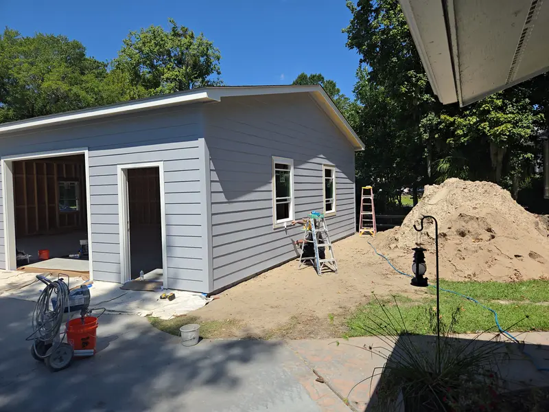 New grey-sided detached garage nearing completion, Lake Waccamaw, NC