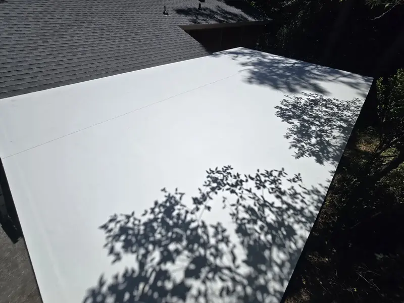 White flat roof membrane on a carport, with a seam, Wilmington, NC